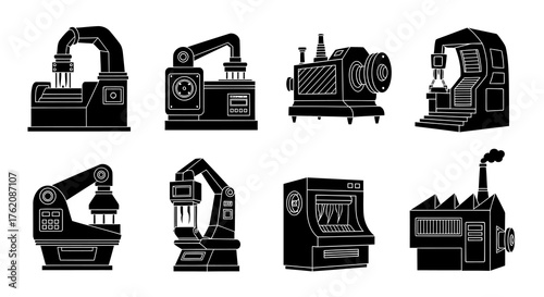 Industrial Robotic Arms and Factory Machines Black Silhouettes Manufacturing Set