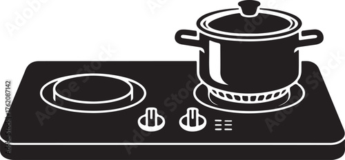 Black and white illustration of a modern electric stove with a pot on one burner cooktop kitchen appliance