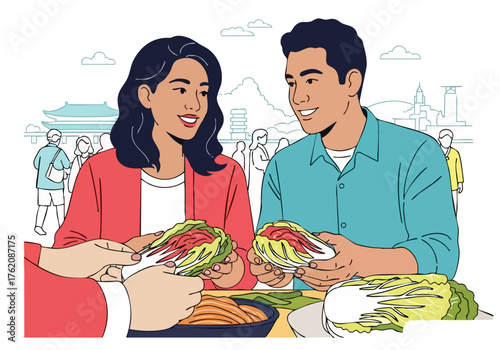 A smiling couple enjoys Korean street food in Seoul, South Korea. Vibrant colors and a bustling background create a lively scene. ?Wrap the Wonder!?