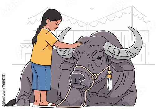 A young girl gently strokes a massive water buffalo, symbolizing strength.  Illustrative style, bold lines, vibrant colors. ?Pet the Power.?