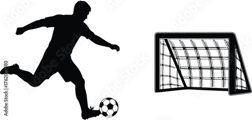 A dynamic silhouette of a soccer player kicking the ball towards the goal. Ideal for sports promotions, fitness campaigns, and team-building projects. 