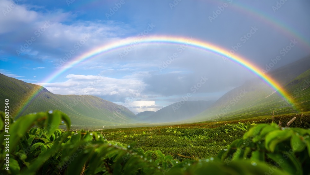 Naklejka premium Vibrant Double Rainbow Arching Over Lush Green Valley and Mountains After Rain, Scenic Nature Landscape