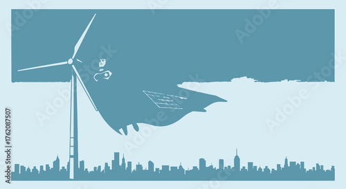Superhero Wind Turbine Cityscape, Clean Energy Concept with Urban Horizon