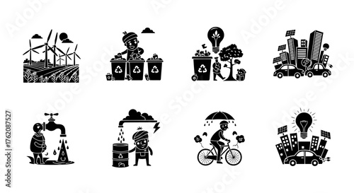 Eco-Friendly Living Icons Wind Energy Recycling Pollution Prevention Sustainable City