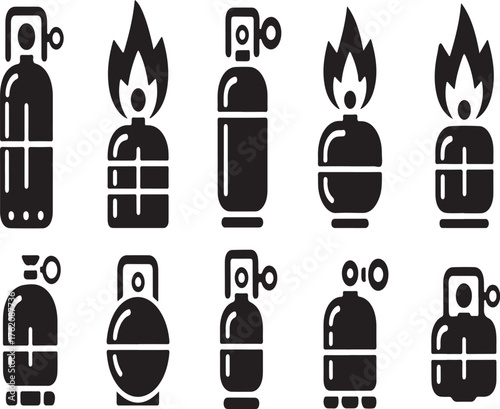 Assortment of black gas cylinder and flame icons on a white background propane tank fuel