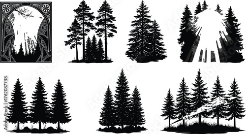 Forest silhouette illustration, pine tree landscape, black and white nature scene, dramatic light rays, mountain forest, wilderness, woodland, vector art