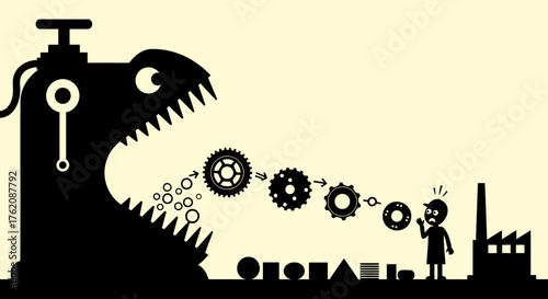 Cartoon monster machine consuming gears and generating an abstract industrial output