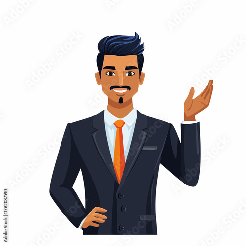 A vector of a professional in a black suit confidently presenting and promoting bussiness, with a poised stance and clear gestures that convey authority, clarity, and persuasive communication