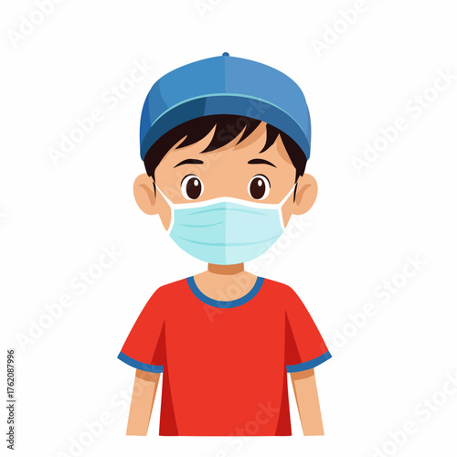 Vector illustration of a young boy wearing a mask to protect himself from viruses and bacteria. Health, hygiene, and disease prevention concept