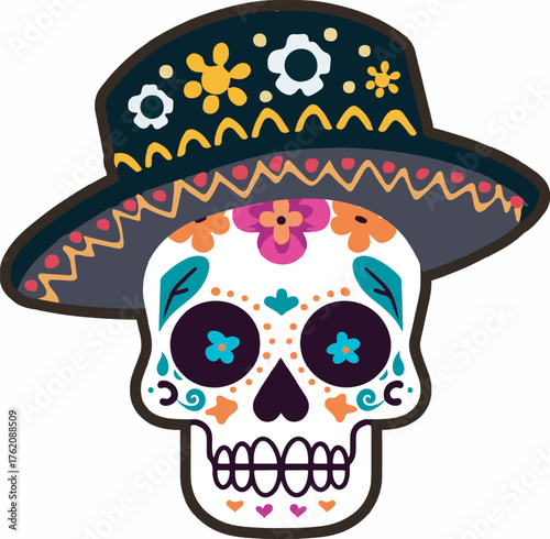 Colorful sugar skull with sombrero for day of the dead celebration