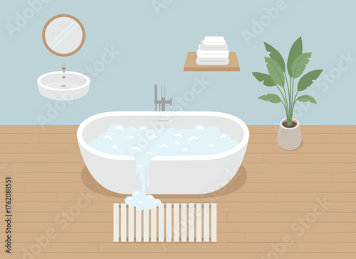Relaxing bubble bath in a modern bathroom with plant and towels, a spa-like scene for wellness and self-care promotion, perfect for interior design concepts