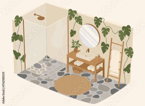 Spa-Inspired bathroom retreat with monstera vines, inviting shower and modern vanity, perfect for relaxation and stylish interiors inspiration