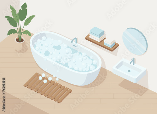 Serene bathroom retreat invites relaxation and self-care, featuring a luxurious bubble bath and minimalist décor for a calming, spa-like experience