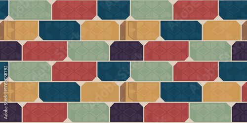 A colorful brick pattern with rounded corners in shades of red blue green purple and yellow hues displayed