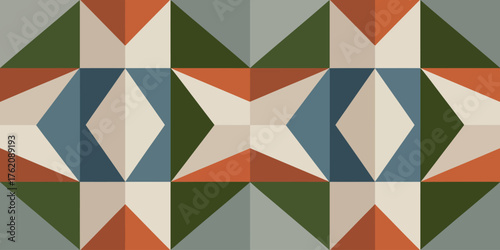 Geometric pattern featuring triangles and diamonds in shades of green orange blue and beige color palette