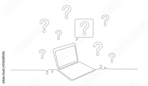 line art of a laptop that receives many questions and provides answers with the best solutions