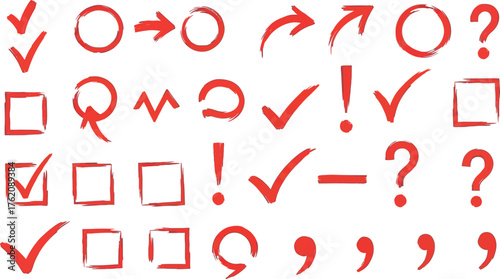 Collection of red hand drawn symbols arrows checkmarks question marks exclamation points and quotation marks for design