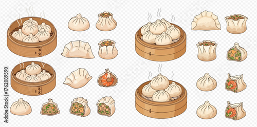 An illustration of various types of dumplings and buns in different arrangements.