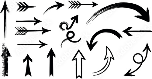 Collection of hand drawn arrows indicating direction and movement diverse styles and shapes on