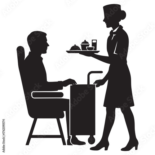 Waitress Serving Meal to Passenger Silhouette