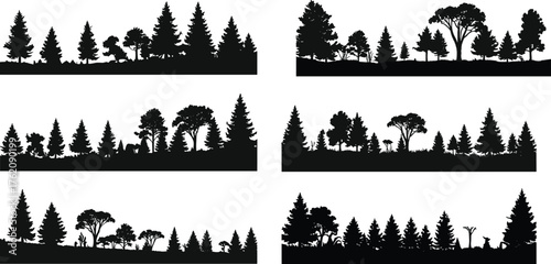 Forest silhouette, tree landscape, wildlife scene, deer in woods, nature illustration, black vector, outdoor design, woodland, conifer, deciduous