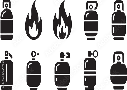 Collection of black gas cylinder and flame icons on a white background propane tank fuel