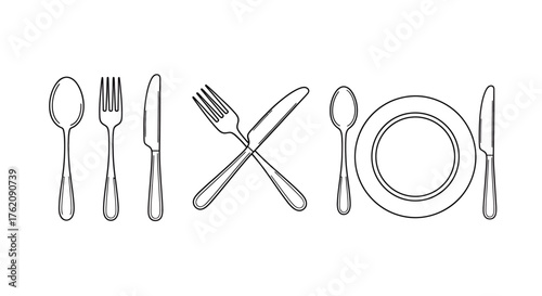Vector icon set of spoon, knife, and fork. Isolated on a white background. 