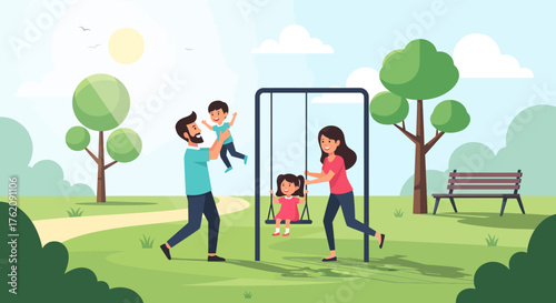 Happy Family Scenes Father Lifting Son and Mother Pushing Daughter on Swing, Character Illustration