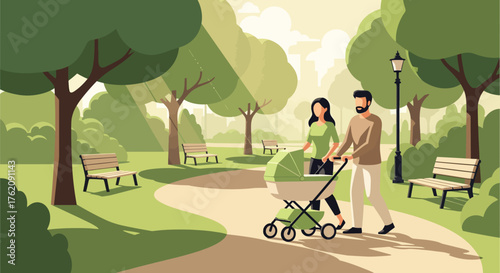 Beautiful outdoor scenes depict a loving character couple on a leisurely stroll with their baby in a stroller through a vibrant, sunlit park, symbolizing family togetherness and new parenthood