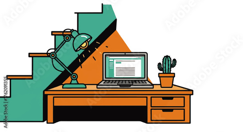 Modern graphic illustration of a compact home office workspace neatly organized under a staircase with a desk, laptop, and lamp