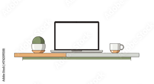 Minimalist home office workspace illustration featuring a laptop with a blank screen, a potted cactus, and a coffee mug on a shelf