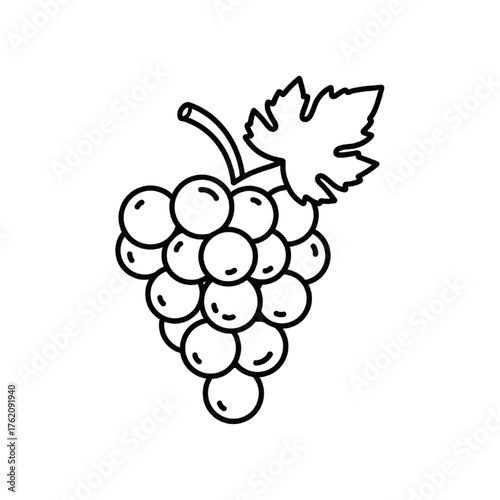 Bunch of Grapes Fruit with Leaf Vector Line Art Illustration, Outline Icon