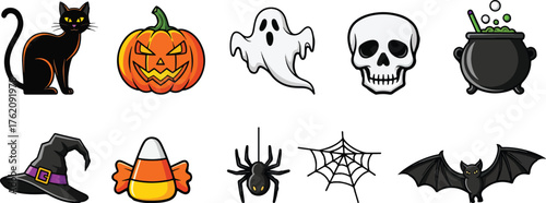 Halloween icons et with a black cat, pumpkins, ghost, skull, cauldron, witch hat, candy corn, spider, and bat