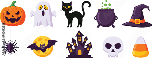 A Halloween-themed collection of icons featuring pumpkins, ghosts, cats, a cauldron, a witch's hat, a spider, a bat, a haunted house, a skull, and a candy corn.