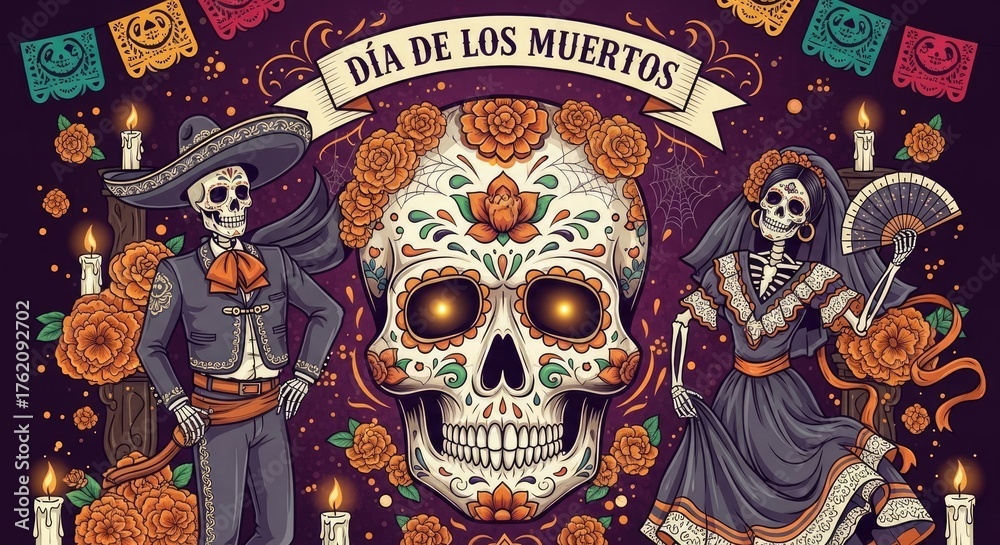 Obraz premium Day of the Dead celebration with skeletons, flowers, and candles.