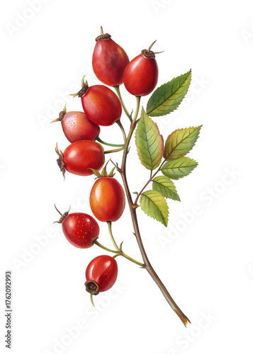 Vibrant red rosehips on a branch detailed photographic view of autumn fruit harvest rich color