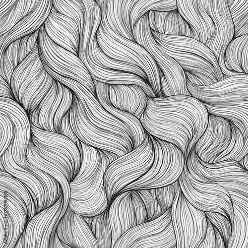 Hand drawn patterns with waves. Wavy curly hair seamless pattern, animal fur, black and white outline, abstract background, texture.