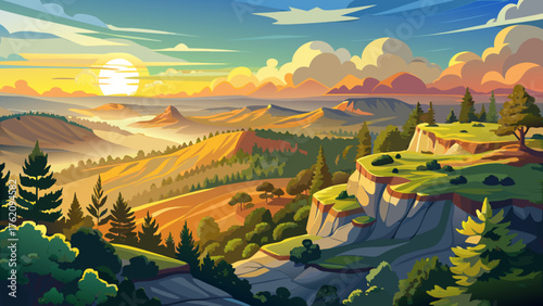 Very beautiful panoramic view from North Rim Vista at Mount Nebo State Park in Russellville, Arkansas, showcasing golden sunlight over lush forests, rolling hills, and distant misty valleys during sun