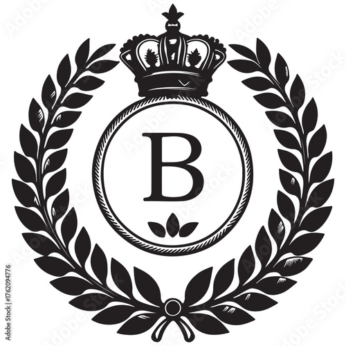 Sophisticated emblem featuring the letter b, laurel wreath, and crown isolated on white background, radiating elegance and prestige