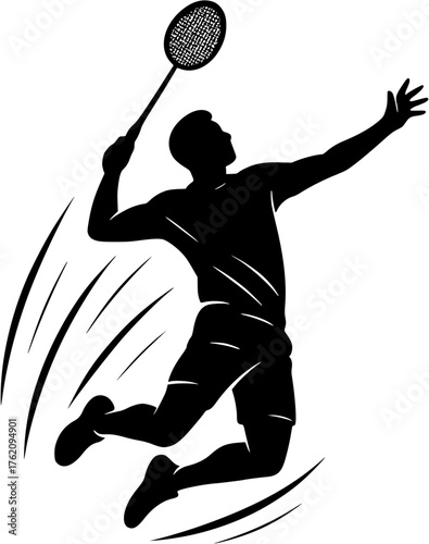 Silhouette of badminton athlete making a jumping attack shot — dynamic sports vector illustration showing energy, precision, and competitive movement.