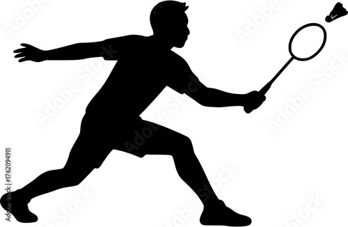Badminton athlete performing a backhand return — black silhouette vector design illustrating skill, balance, and competitive movement for sports graphics and logos. (197 characters)