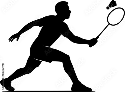 Professional badminton player in forehand shot pose — black silhouette vector illustration representing training, precision, and competitive sports action