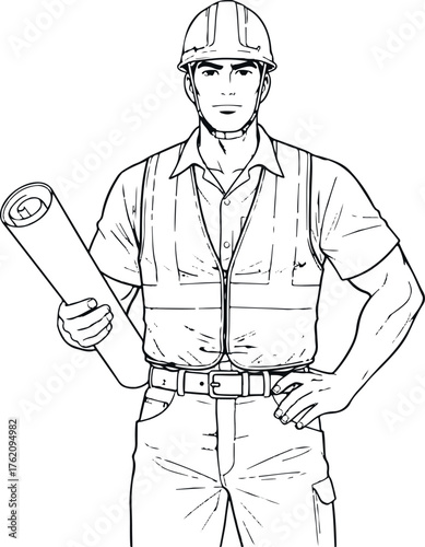 An illustration of a smiling cartoon engineer with a blueprint and a construction worker in a uniform and hat holding a clipboard