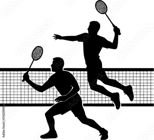 Badminton players jump smash silhouette vector icon showing teamwork speed and agility for sports poster design or athletic branding use.