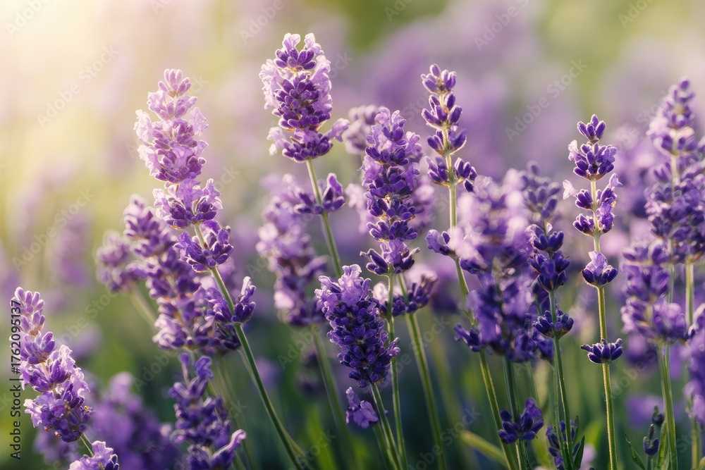 Fototapeta premium Close-up of vibrant lavender flowers in full bloom, bathed in soft sunlight
