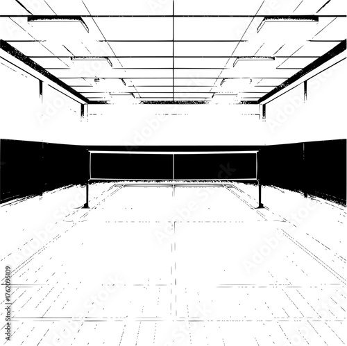 Badminton court interior view vector artwork showing realistic gym space with lighting setup and wooden floor for sports and design use.