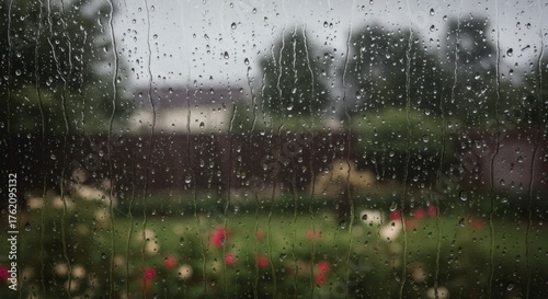 Raindrops on Window - A Blurred Garden View.
