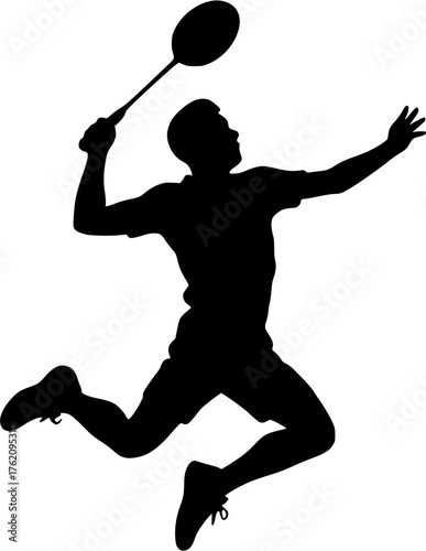 Jump smash badminton player vector illustration showing athlete in motion performing powerful serve for competition and training visuals.