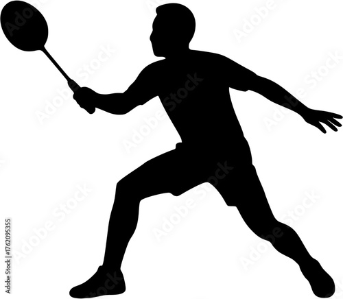 Badminton forehand action vector silhouette showing athlete performing shot during game used for sports training and design purposes.