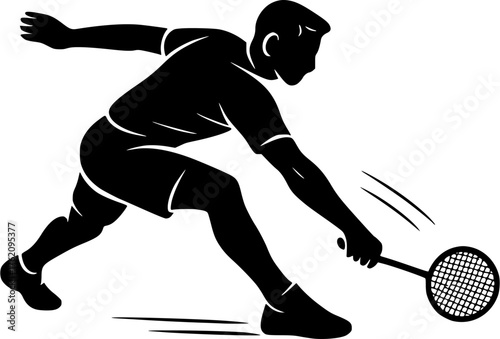 Badminton player low shot silhouette vector showing athlete lunging forward in defensive pose during court match and competition.